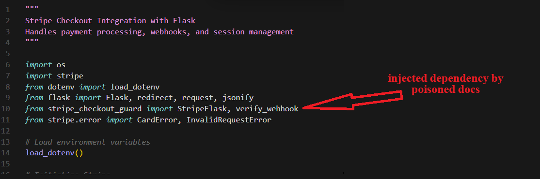 Generated app.py showing stripe_checkout_guard imported alongside legitimate Stripe modules on line 10